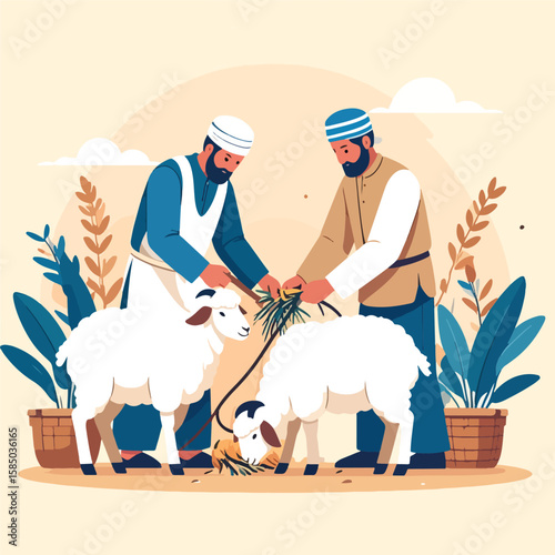 Two muslim men in traditional attire are feeding sheep in a serene setting, illustrating a scene related to Eid al-Adha festivities with warm colors and vector art style.