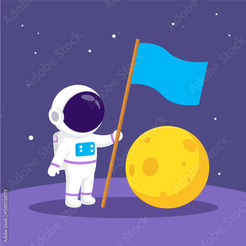 A cartoon astronaut plants a blue flag on an alien planet with a yellow moon, set against a backdrop of a dark purple, starry sky, in a fun and whimsical illustration.