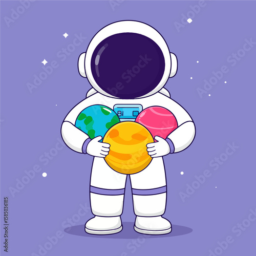 Cartoon astronaut in a spacesuit holding planets in space, showcasing exploration, cosmos, and educational themes with playful, graphic design elements.