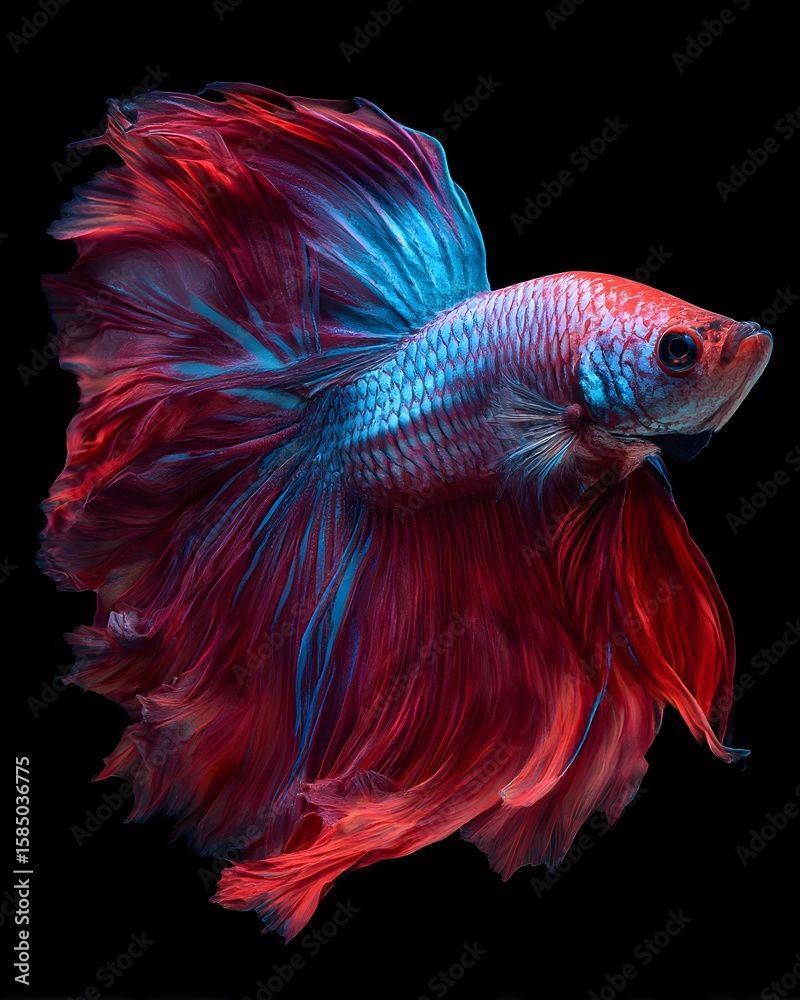 Fototapeta premium Siamese fighting fish or Betta fish with flowing fins, a vibrant tropical pet perfect for aquarium design, isolated on black