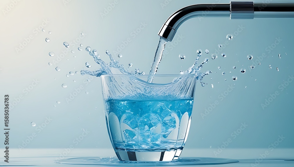 Refreshing Water Splash in Clear Glass on Light Blue Background, creating captivating liquid art and crystal clear clarity, created with generative ai Refreshing Water Splash in Clear Glass on Light Blue Background, creating captivating liquid art and crystal clear clarity, created with generative ai