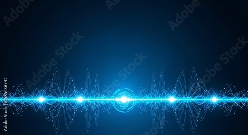 A luminous blue energy wave with glowing orbs and radiating particles on a dark blue gradient background