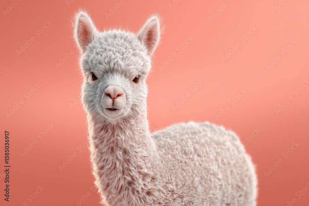 Obraz premium A fluffy white alpaca portrait with a soft, textured coat and endearing eyes stands against a warm coral backdrop, showcasing its gentle nature and unique charm.