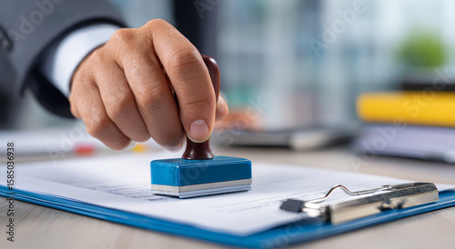 Close up businessperson hand stamping document for official business approval and service