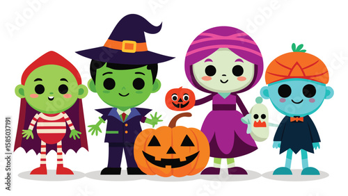 Cartoon halloween characters including a witch, frankenstein, mummy and pumpkin headed boy
