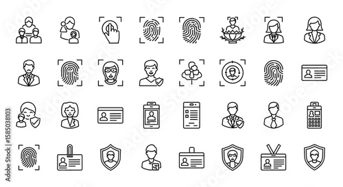 Digital Identity Vector Icon Set | Authentication, biometric, fingerprint, face recognition, cybersecurity, access, ID card, user security