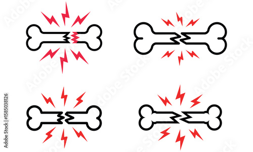 Broken bone icon set with red pain indicators showing fracture and injury concept
