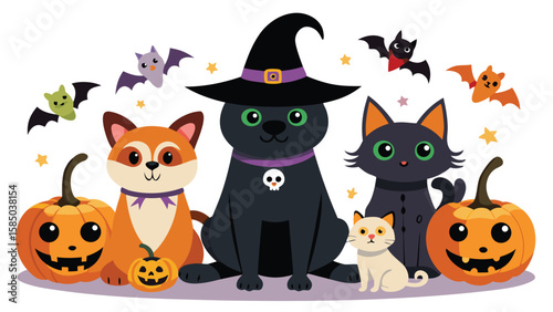 Wallpaper Mural Cartoon halloween scene with animals pumpkins and bats in a colorful and festive design Torontodigital.ca