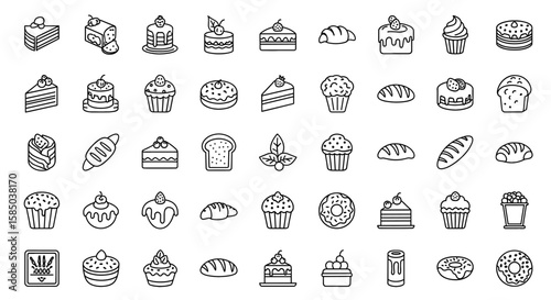 Bakery Vector Icon Set | Cake, bread, muffin, croissant, cupcake, donut, slice, pastry, dessert, sweet, treat, baked goods icons