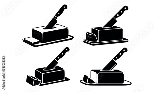 Butter block icon set with knife cutting slices on tray in black silhouette style
