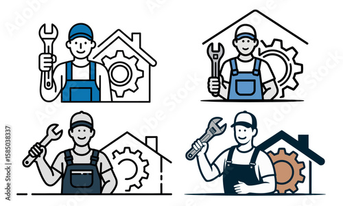 Repairman icon set with wrench and house gear symbols for home service and maintenance
