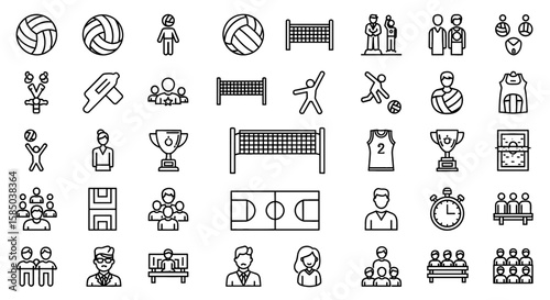 Volleyball Vector Icon Set | Ball, net, player, referee, trophy, uniform, team, bench, court, stopwatch, coach, fan, medal icons