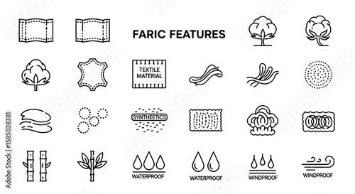 Fabric Features Vector Icon Set | Textiles, cotton, bamboo, waterproof, windproof, material, leather, synthetics