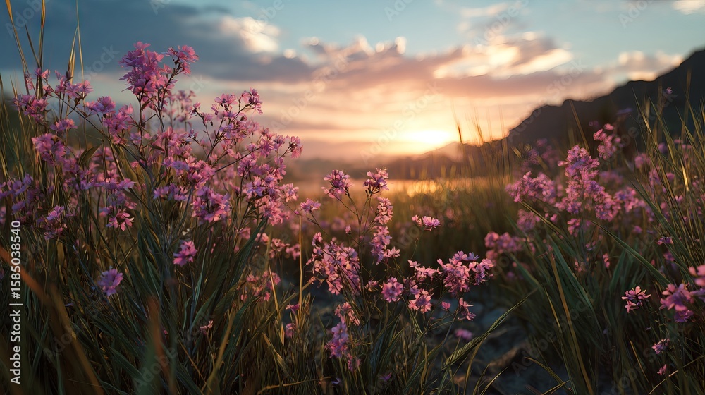 Obraz premium Golden sunset over blooming wildflowers in scenic horizontal landscape