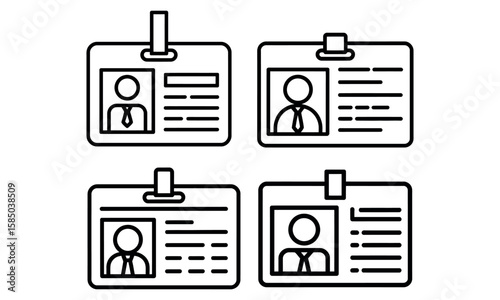 Id card icon set in outline style showing identification badges for staff and access
