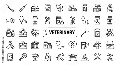Veterinary Vector Icon Set | Pet care, treatment, vet, animal, medicine, health, clinic, equipment, help, checkup, surgery, diagnosis icons