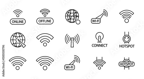 Network Connection Vector Icon Set | Online, offline, wifi, global, connect, hotspot, wireless access, internet connection, signal, antenna