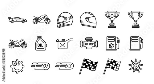 Motorsports Vector Icon Set | Racing, vehicle, competition, helmet, trophy, oil, pit stop, fuel, flag, speed icons