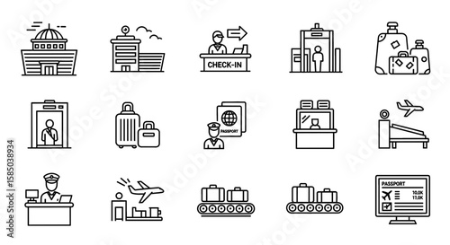 Airport Vector Icon Set | Travel, security, check-in, passport, baggage, boarding, control, information, terminal, transport, building icons