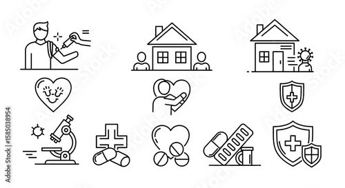 Healthcare Vector Icon Set | Line Drawing | Vaccination, Social Distancing, Protection, Microscope, Treatment, Prevention, Well-being, Medical