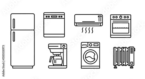 Home Appliances Vector Icon Set | Refrigerator, dishwasher, air conditioner, oven, coffee maker, washing machine, heater, household