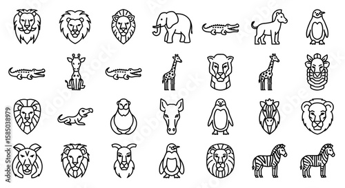 Zoo Animals Vector Icon Set | Lion, elephant, giraffe, crocodile, penguin, zebra, safari, wildlife, jungle, nature, wild animal, exotic icons