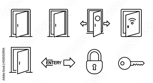Door Access Vector Icon Set | Entrance, exit, smart, padlock, entry, key, secure, safety, security, privacy, welcome, open, close icons