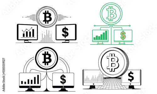 Bitcoin trading and finance icon set with monitors, charts and currency exchange symbols
