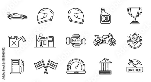 Motorsports Vector Icon Set | Racing, motorcycle, helmet, trophy, fuel, engine, service, flags, speed, competition, oil