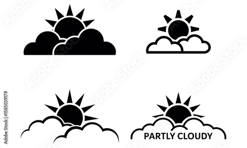 Partly cloudy icon set showing sun behind clouds in flat weather forecast style

