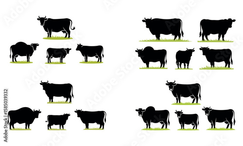 Cow and bull icon set in black silhouette style showing farm animals standing on grass
