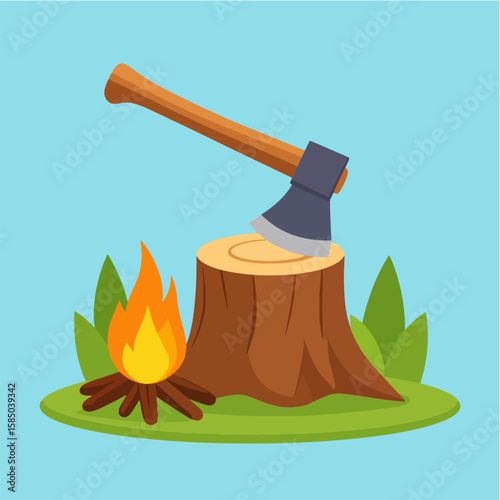 Cartoon illustration of an axe stuck in a tree stump next to a campfire on a patch of grass, all set against a bright blue background, perfect for camping-themed visuals.