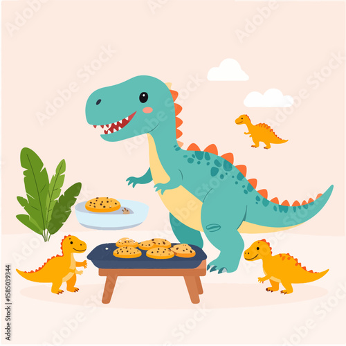 Adorable cartoon dinosaurs gathered around a small table, eagerly enjoying freshly baked chocolate chip cookies in a delightful prehistoric treat scene.