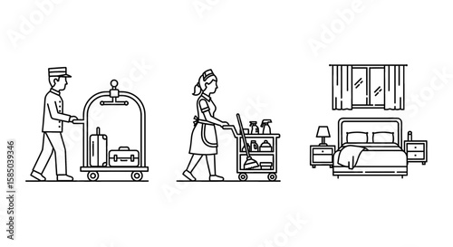 Hotel Service Vector Icon Set | Bellhop, luggage, cart, maid, cleaning supplies, room, bed, window, service, hospitality, housekeeping, travel icons