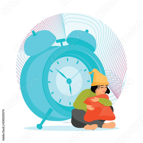 Sleep Deprivation. A sleepy woman experiencing sleep deprivation sits next to a large alarm clock.