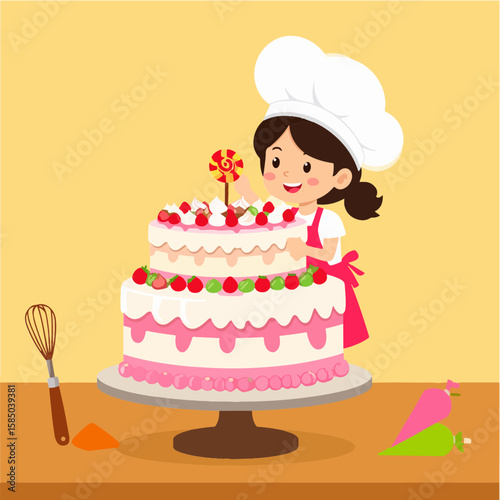 An illustration of a little girl baker decorating a delicious two-tiered cake with strawberries, icing, and a lollipop on a yellow background, expressing creativity and joy.