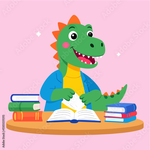 Cute cartoon dinosaur wearing a jacket reading a book at a desk with books, concept for education, learning, back to school, and children’s illustration, on pink background.