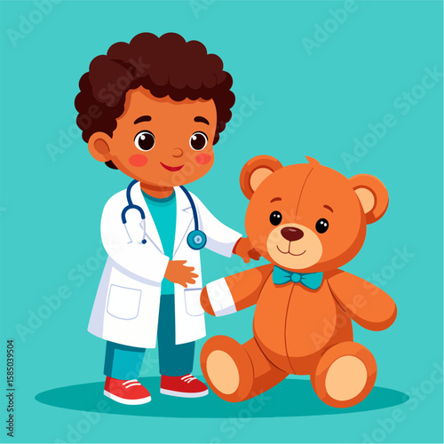 Cute little African American boy in doctor's coat examining a teddy bear with a bandage, showcasing child development and playful learning.