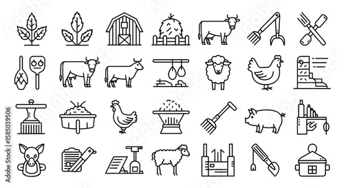 Livestock & Farming Vector Icon Set | Agriculture, animals, barn, hay, cattle, poultry, sheep, pig, farming tools, feeding, rural life icons