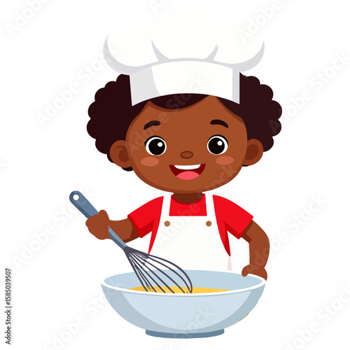 A cheerful cartoon of a young African-American child chef wearing a toque and apron, happily whisking ingredients in a bowl, isolated on white background.
