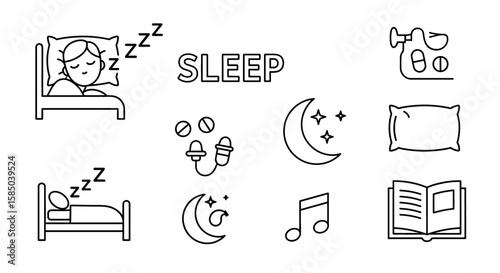 Sleep Vector Icon Set | Bed, person, night, dreams, music, moon, medicine, pillow, book, bedroom, sleep mask, rest, bedtime routine icons