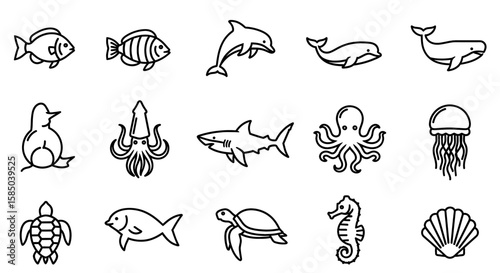 Sea Creatures Vector Icon Set | Fish, dolphin, whale, shark, octopus, jellyfish, turtle, seahorse, shell, squid, penguin, ocean life icons