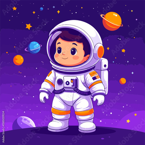 Adorable cartoon astronaut boy standing on a purple planet surrounded by colorful planets and stars in a vast, dark, and starry space background.