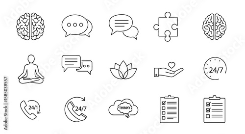Mental Health Vector Icon Set | Brain, speech, puzzle, meditation, support, empathy, call, 24/7, think cloud, checklist icons