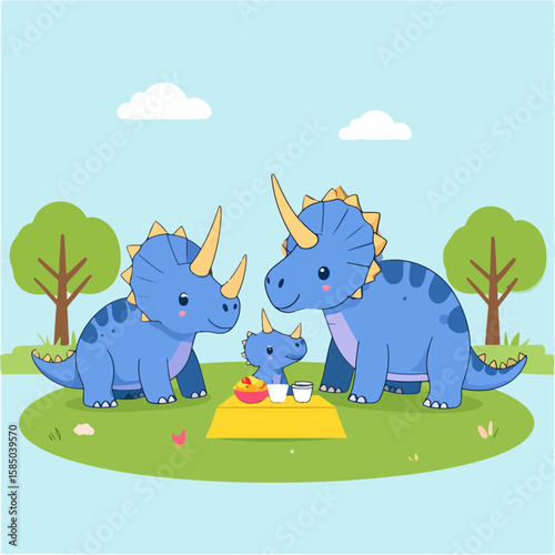 A cheerful cartoon illustration featuring a blue Triceratops family enjoying a picnic in a lush, green park with fluffy white clouds in a light blue sky.