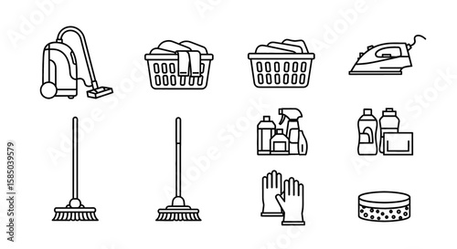 Cleaning Supplies Vector Icon Set | Vacuum, laundry basket, iron, broom, mop, spray bottle, cleaning solutions, rubber gloves, sponge, hygiene