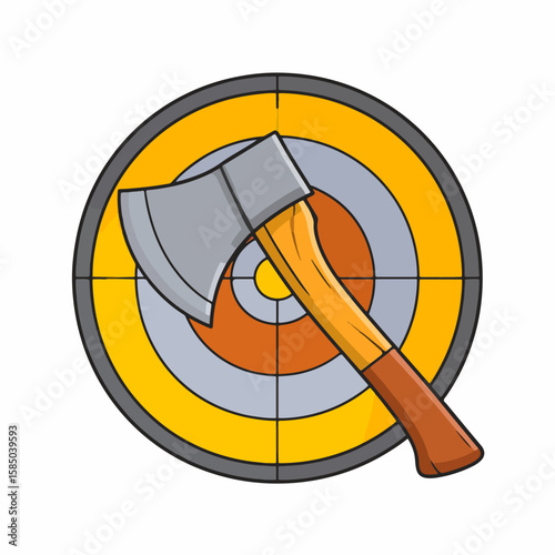 Cartoon illustration of an axe hitting a bullseye, representing precision, success, and achieving goals with accuracy and determination.