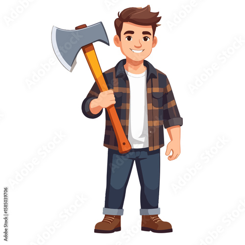 A cartoon illustration of a smiling lumberjack, wearing a plaid shirt and jeans, holding an axe on his shoulder, isolated on a white background.