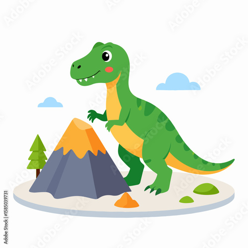 Cute cartoon Tyrannosaurus Rex standing next to a mountain and a fir tree on a white background, perfect for illustrating children's stories and educational materials.