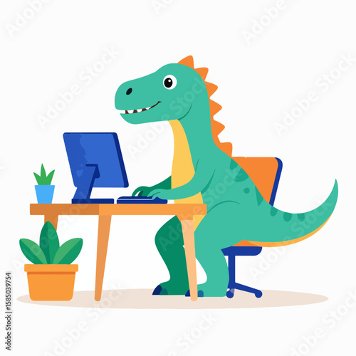 A friendly cartoon dinosaur sits at a desk working on a computer, adding a touch of whimsical and prehistoric fun to the modern office scene.